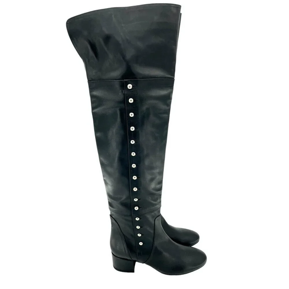 Charles David Boots Black Leather Over-The-Knee Studded Military SZ 6.5 NEW